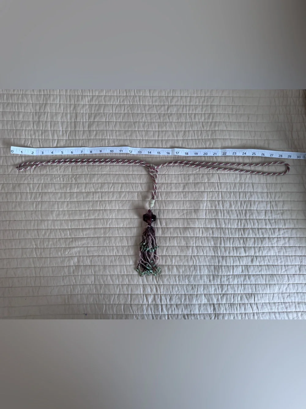 Vintage Beaded Tassel in Purple and Green - 11” drop and 29” tie back